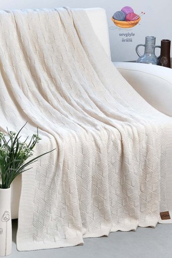 Dalisa Cups Akrilik Örgü Jakarlı Süngersiz Kaymaz Bej Tekli Koltuk Örtüsü 130x170 cm