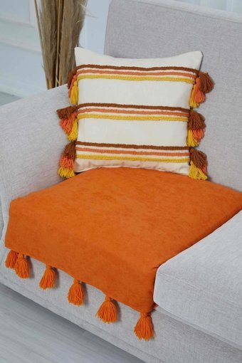 Aisha's Design KO-19-T Polyester Örgü Püsküllü Süngersiz Düz Turuncu Tekli Koltuk Örtüsü 75x90 cm