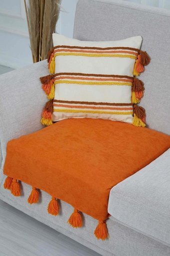 Aisha's Design KO-19-T Polyester Örgü Püsküllü Süngersiz Düz Turuncu Tekli Koltuk Örtüsü 75x90 cm