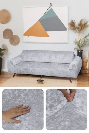Btf Home Kadife Likralı Tüylü Süngersiz Düz Giydirmeli Lastikli Gri Üçlü Koltuk Örtüsü 180x230 cm