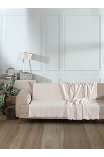 Lux Touch Vera Pamuklu Püsküllü Süngersiz Geometrik Desenli Ekru Tekli Koltuk Örtüsü 200x220 cm