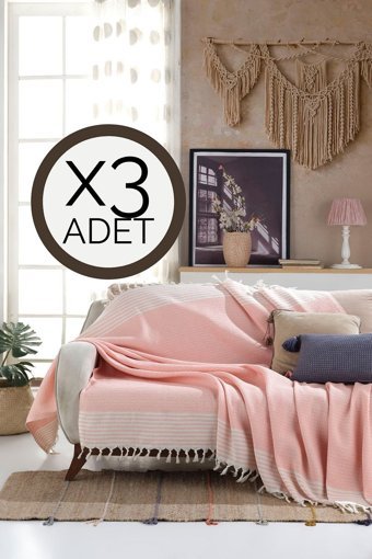 Lux Touch Bergama Pamuklu Püsküllü Süngersiz Geometrik Desenli Somon Üçlü Koltuk Örtüsü 180x200 cm