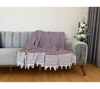 Niks Home Pamuklu Püsküllü Süngersiz Geometrik Desenli Bordo Tekli Koltuk Örtüsü 180x230 cm