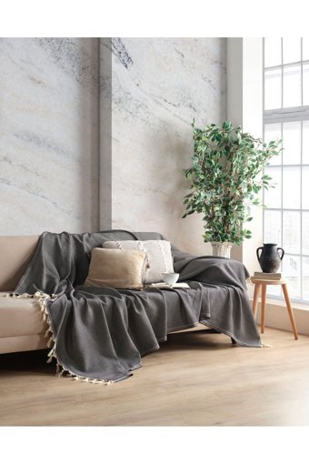 Botex Pamuklu Püsküllü Süngersiz Düz Siyah Tekli Koltuk Örtüsü 170x230 cm