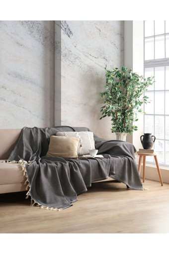 Botex Pamuklu Püsküllü Süngersiz Düz Siyah Tekli Koltuk Örtüsü 170x230 cm