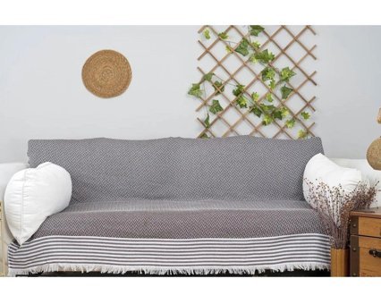 Ale Home Pamuklu Püsküllü Süngersiz Çizgili Kahverengi Tekli Koltuk Örtüsü 170x210 cm