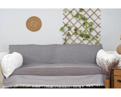 Ale Home Pamuklu Püsküllü Süngersiz Çizgili Kahverengi Tekli Koltuk Örtüsü 170x210 cm
