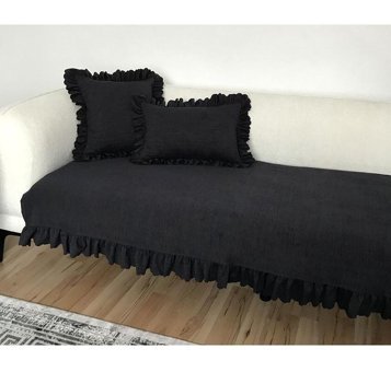Lilyum Kadife Fırfırlı Süngersiz Petek Desenli Gri Tekli Koltuk Örtüsü 170x100 cm