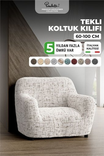 Paulato Mikrofiber Likralı Jakarlı Süngersiz Çizgili Giydirmeli Beyaz Tekli Koltuk Örtüsü 60x110 cm