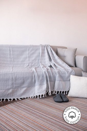 Mahi Store Pamuklu Püsküllü Süngersiz Çizgili Gri Tekli Koltuk Örtüsü 170x210 cm