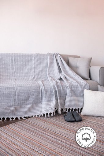 Mahi Store Pamuklu Püsküllü Süngersiz Çizgili Gri Tekli Koltuk Örtüsü 170x210 cm