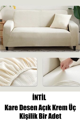 İntil Pamuklu - Polyester Likralı Süngersiz Düz Giydirmeli Krem Üçlü Koltuk Örtüsü 180x230 cm