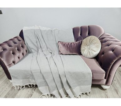 Mania Pamuklu Püsküllü Süngersiz Çizgili Gri Tekli Koltuk Örtüsü 180x300 cm
