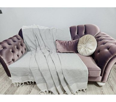 Mania Pamuklu Püsküllü Süngersiz Çizgili Gri Tekli Koltuk Örtüsü 180x300 cm