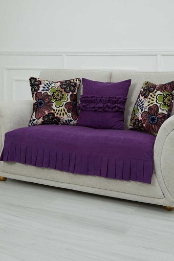 Aisha's Design KO-28 Polyester Örgü Pileli Süngersiz Düz Mor İkili Koltuk Örtüsü 34x48 cm