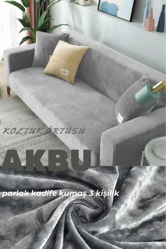 Akbu Kadife Süngersiz Düz Giydirmeli Lastikli Gri Tekli Koltuk Örtüsü 180x220 cm