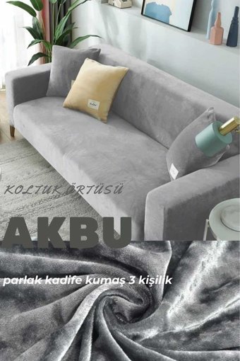 Akbu Kadife Süngersiz Düz Giydirmeli Lastikli Gri Tekli Koltuk Örtüsü 180x220 cm