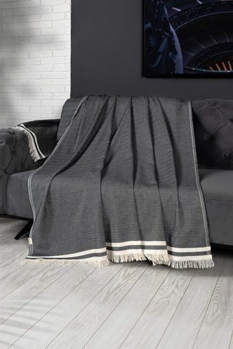 Denizli Concept Pamuklu - Polyester Kanvas Saçaklı Süngersiz Armürlü Antrasit Üçlü Koltuk Örtüsü 170x230 cm