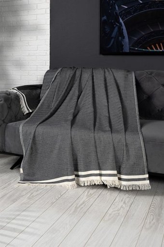 Denizli Concept Pamuklu - Polyester Kanvas Saçaklı Süngersiz Armürlü Antrasit Üçlü Koltuk Örtüsü 170x230 cm