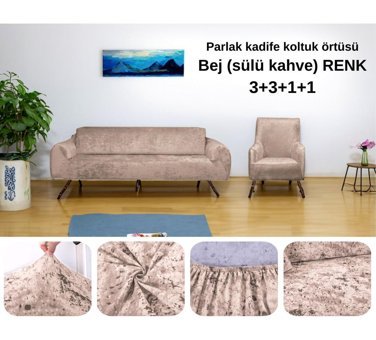 Etles Home Kadife Likralı Jakarlı Süngersiz Armürlü Giydirmeli Bej Sekizli Koltuk Örtüsü 180x220 cm