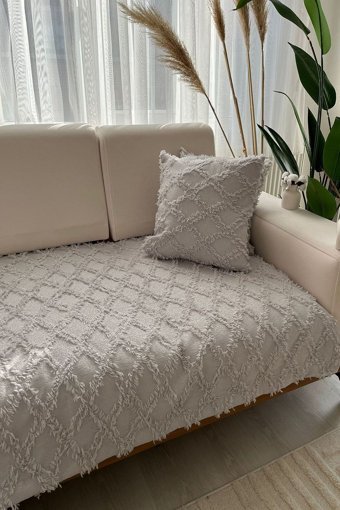 Best House Decor Pamuklu Püsküllü Süngersiz Geometrik Desenli Gri Tekli Koltuk Örtüsü 100x230 cm