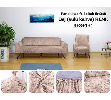 Etles Home Kadife Likralı Jakarlı Süngersiz Armürlü Giydirmeli Bej Sekizli Koltuk Örtüsü 180x220 cm