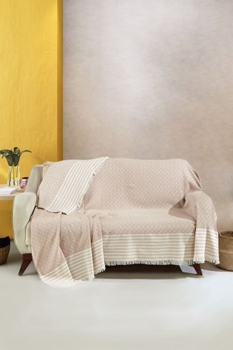 Vagonik Helena Natural Pamuklu Polar Saçaklı Süngersiz Düz Bej Tekli Koltuk Örtüsü 170x210 cm
