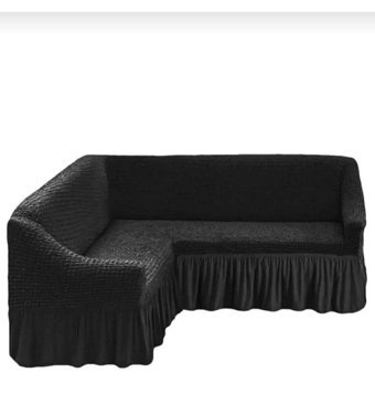 Akbu Pamuklu - Polyester Bürümcük Fırfırlı Süngersiz Giydirmeli Lastikli Siyah Tekli Koltuk Örtüsü 180x350 cm