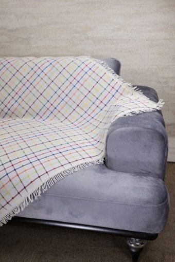 Efesan Pamuklu - Polyester Kanvas Saçaklı Süngersiz Ekoseli Beyaz Üçlü Koltuk Örtüsü 180x220 cm