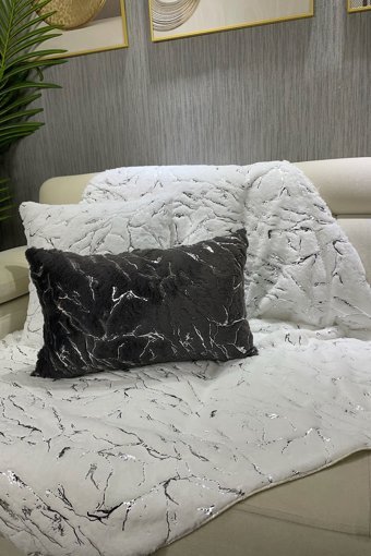 Paris Life Pamuklu Polar Peluş Süngersiz Mermer Desenli Beyaz Üçlü Koltuk Örtüsü 100x160 cm