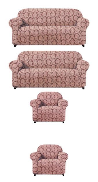 Uytm Likralı Jakarlı Süngerli Çiçek Desenli Giydirmeli Pembe Dörtlü Koltuk Örtüsü 180x230 cm