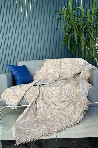 Homebiente Pamuklu - Polyester Saçaklı Süngersiz Geometrik Desenli Bej Tekli Koltuk Örtüsü 180x220 cm