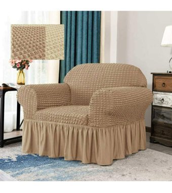 Akbu Pamuklu - Polyester Bürümcük Fırfırlı Süngersiz Giydirmeli Lastikli Bej Tekli Koltuk Örtüsü 70x80 cm