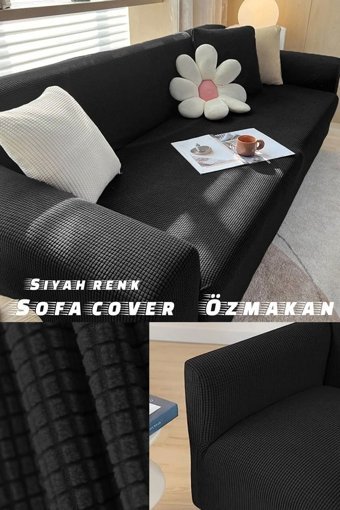 Özmakan Pamuklu - Polyester Likralı Jakarlı Süngersiz Petek Desenli Giydirmeli Siyah Tekli Koltuk Örtüsü 180x230 cm