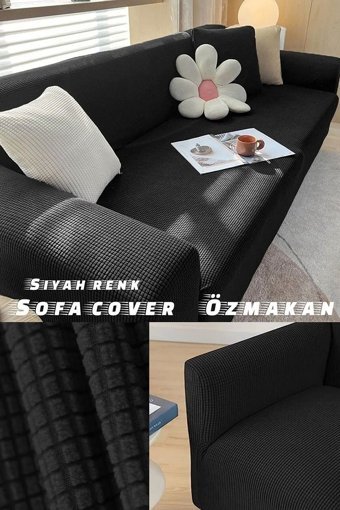 Özmakan Pamuklu - Polyester Likralı Jakarlı Süngersiz Petek Desenli Giydirmeli Siyah Tekli Koltuk Örtüsü 180x230 cm