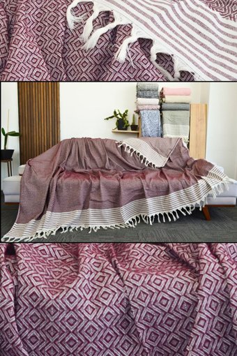 Mutlu Çeyiz Diamond Pamuklu Püsküllü Süngersiz Çizgili Bordo Tekli Koltuk Örtüsü 180x300 cm
