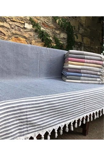 Mandaş Pamuklu Püsküllü Süngersiz Çizgili Gri Tekli Koltuk Örtüsü 180x304 cm