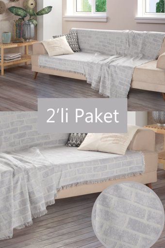 Miracolo Home Pamuklu - Polyester Saçaklı Süngersiz Geometrik Desenli Gri İkili Koltuk Örtüsü 180x220 cm