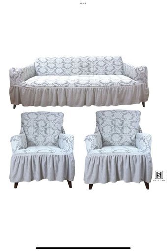 Iydgah Polyester Fırfırlı Süngersiz Damask Desenli Giydirmeli Gri Üçlü Koltuk Örtüsü 180x230 cm