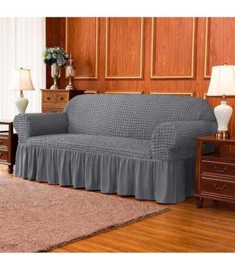 Ak Lale Polyester Bürümcük Fırfırlı Süngersiz Petek Desenli Giydirmeli Lastikli Gri Tekli Koltuk Örtüsü 180x230 cm