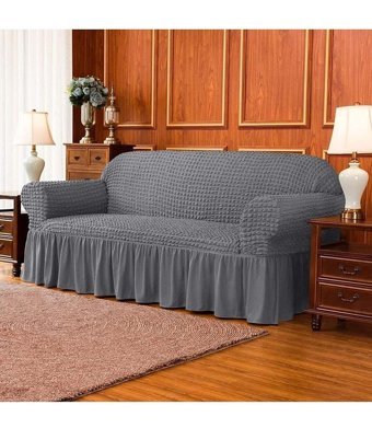Ak Lale Polyester Bürümcük Fırfırlı Süngersiz Petek Desenli Giydirmeli Lastikli Gri Tekli Koltuk Örtüsü 180x230 cm