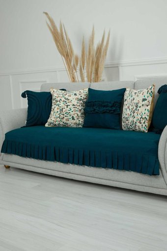 Aisha's Design KO-29 Polyester Örgü Pileli Süngersiz Düz Mavi Tekli Koltuk Örtüsü 90x210 cm