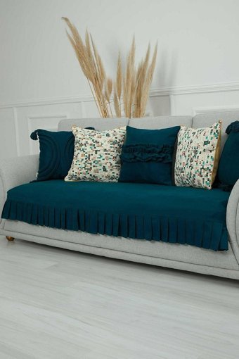 Aisha's Design KO-29 Polyester Örgü Pileli Süngersiz Düz Mavi Tekli Koltuk Örtüsü 90x210 cm