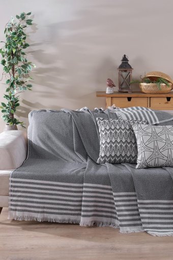 Cotonila Pamuklu Kanvas Saçaklı Süngersiz Armürlü Gri Üçlü Koltuk Örtüsü 170x210 cm