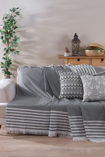 Cotonila Pamuklu Kanvas Saçaklı Süngersiz Armürlü Gri Üçlü Koltuk Örtüsü 170x210 cm