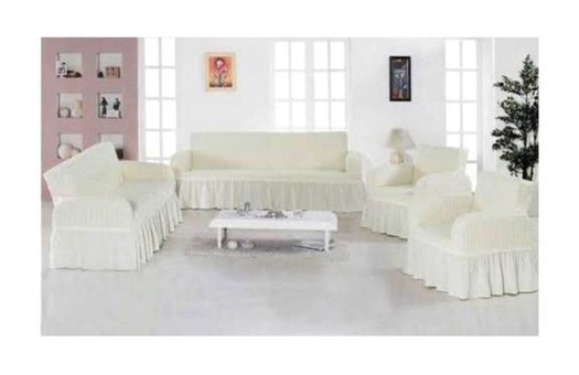 Elit Pamuklu - Polyester Bürümcük Jakarlı Süngersiz Armürlü Giydirmeli Beyaz Sekizli Koltuk Örtüsü