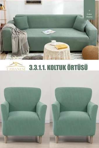 Uzhanem Pamuklu - Polyester Bürümcük-Likralı Süngerli Armürlü Giydirmeli Yeşil Dörtlü Koltuk Örtüsü 180x230 cm