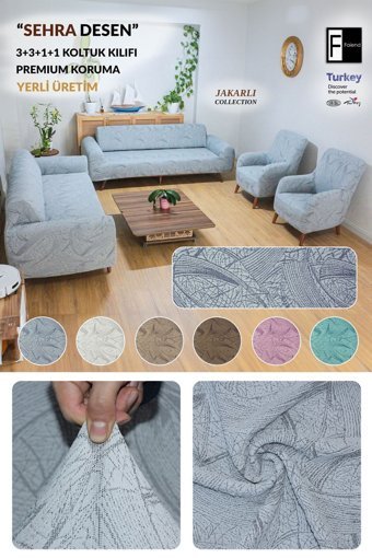 Faiend Jakarlı Süngersiz Giydirmeli Mavi 3-3-1-1 Koltuk Örtüsü 230x180 cm