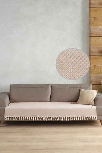 Ladynil Pamuklu Saçaklı Süngersiz Geometrik Desenli Bej Tekli Koltuk Örtüsü 115x201 cm