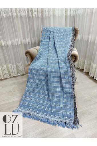 Özlü Home Pamuklu Örgü Saçaklı Süngersiz Armürlü Mavi Tekli Koltuk Örtüsü 170x220 cm
